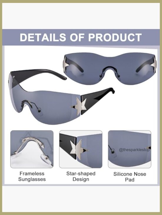 Oversized Rimless Star Sunglasses, Polarized UV400 Wrap-Around Shield